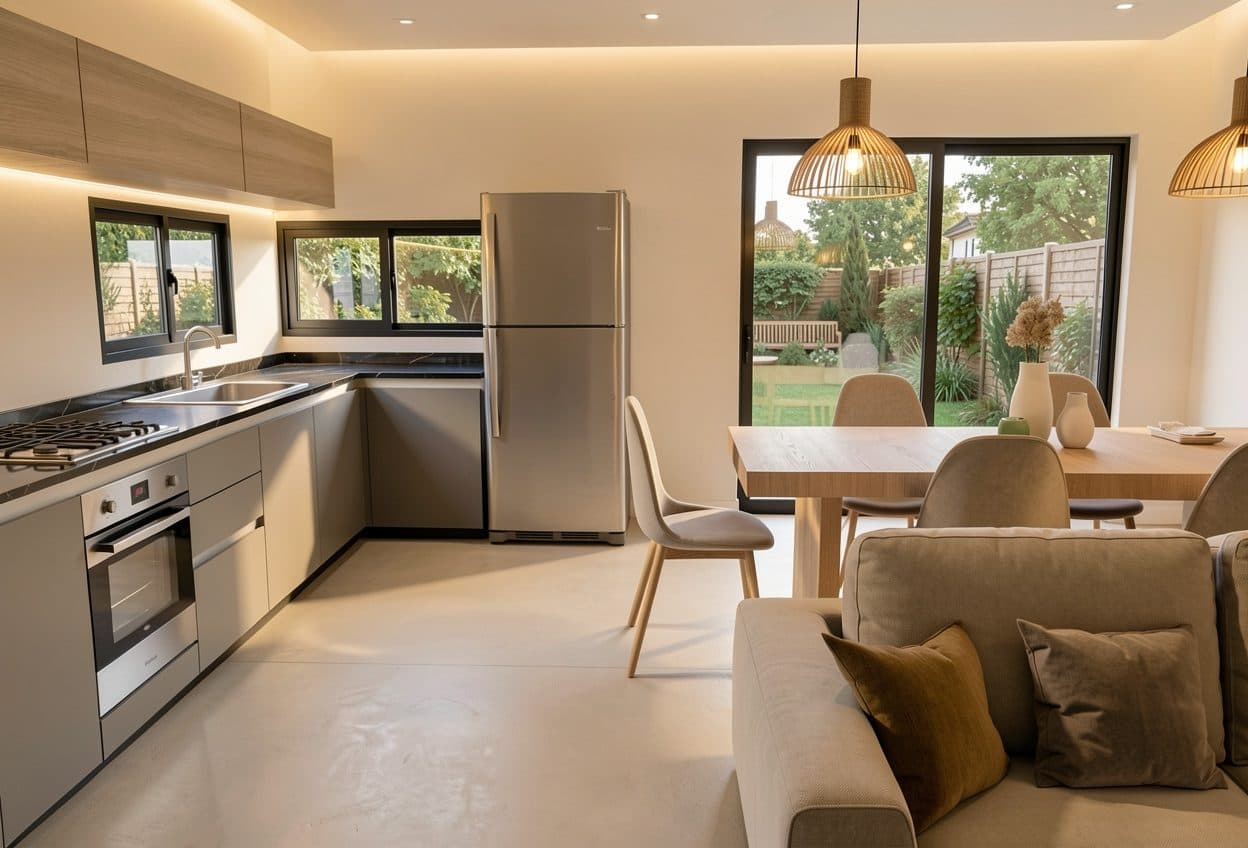 Cocina integrada al comedor de la vivienda tipo, con mesada y ventanal al jardín