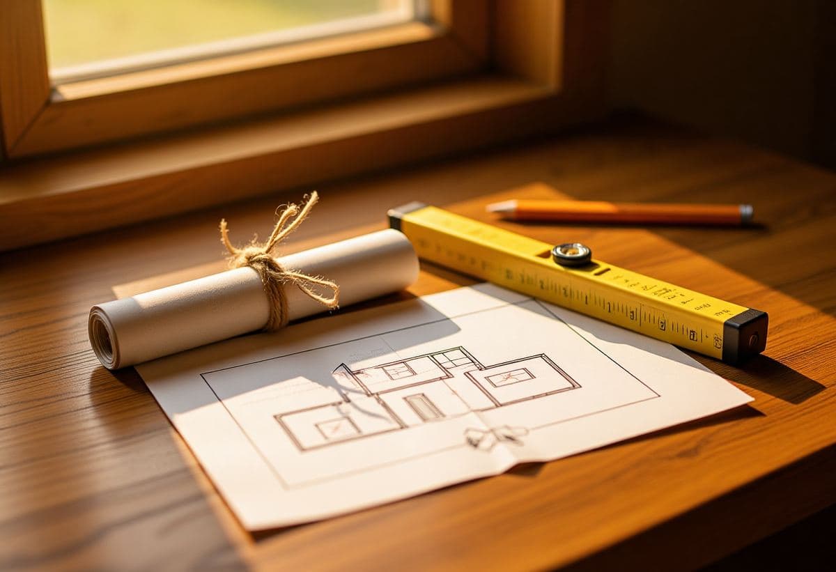 Planos de una vivienda sobre una mesa de trabajo, con un lápiz y un nivel