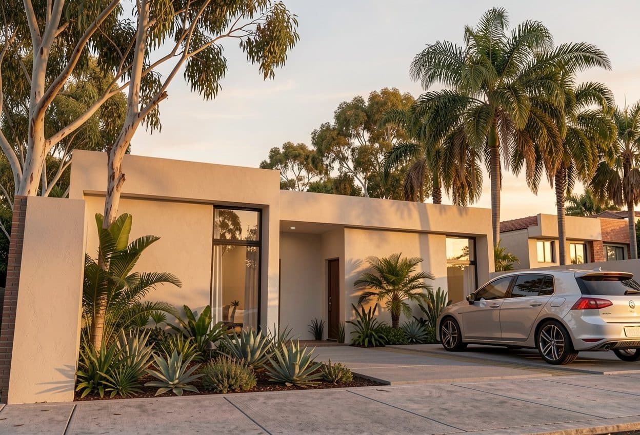 Fachada de la vivienda tipo del Círculo de Viviendas al atardecer: casa blanca de una planta con cubierta plana, ventanales y palmeras