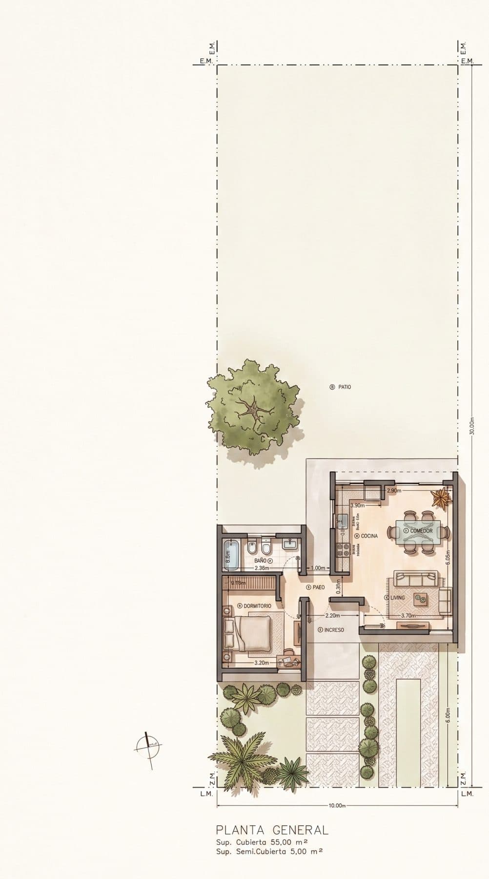 Plano general de la vivienda tipo de 55 metros cuadrados: living comedor y cocina integrados, un dormitorio y un baño